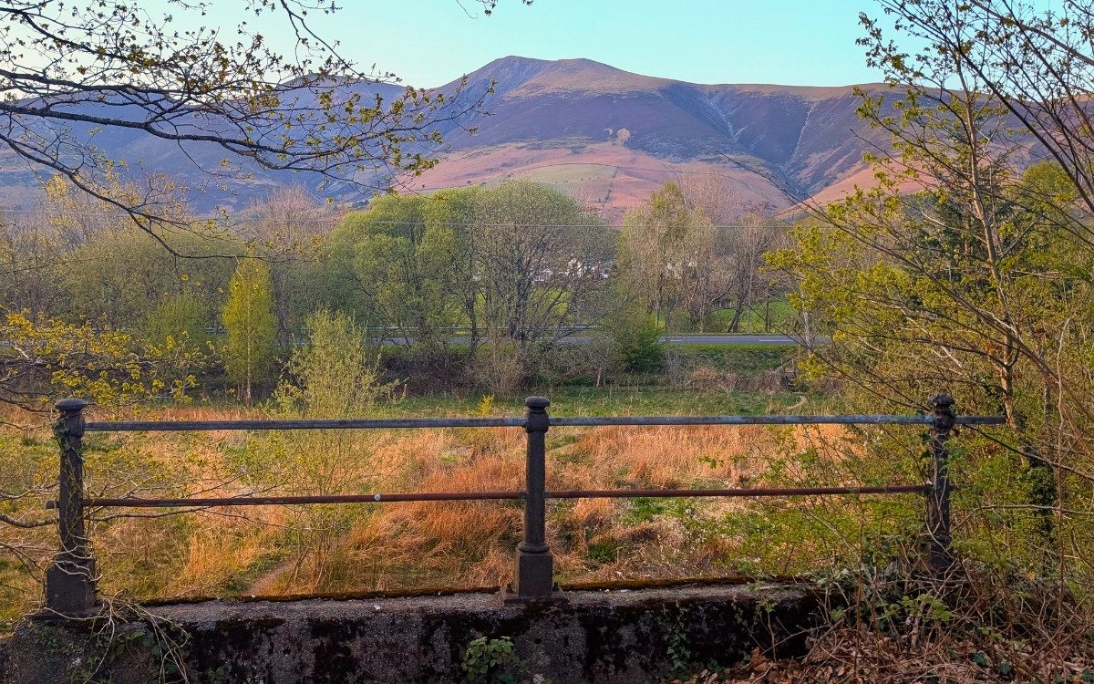 View of Skiddaw mountain peak framed by tree branches and historic Victorian iron railings along the old railway walking line.