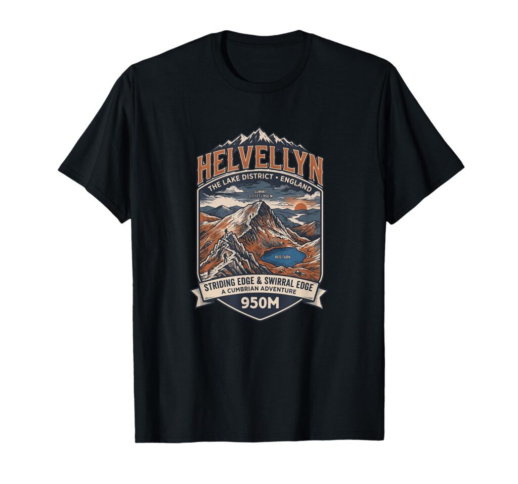 Black vintage style Lake District t-shirt showcasing a retro illustration of the Helvellyn summit, Striding Edge, and Red Tarn.