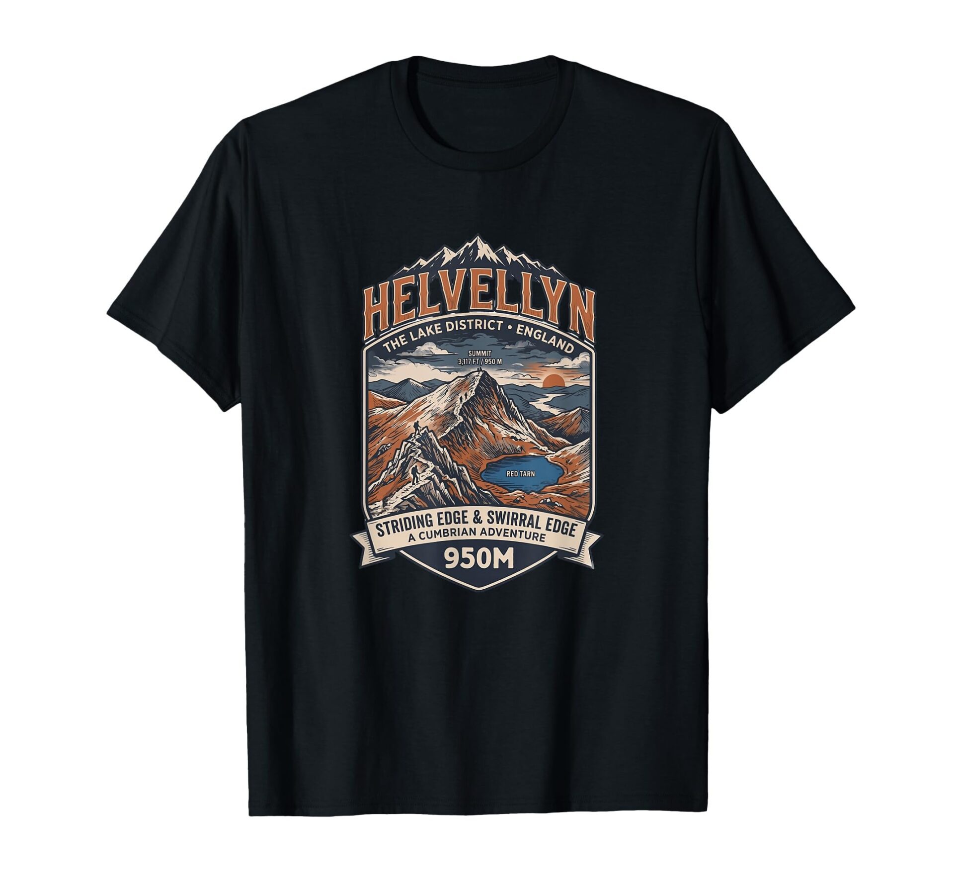 Black vintage style Lake District t-shirt showcasing a retro illustration of the Helvellyn summit, Striding Edge, and Red Tarn.