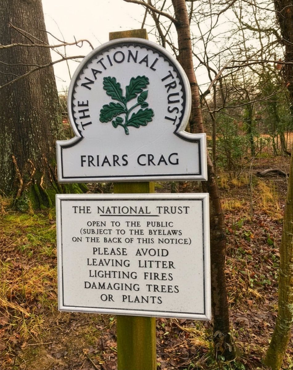 A dark green National Trust wooden sign for Friars Crag, positioned at the start of the footpath leading away from Lake Road near Keswick.