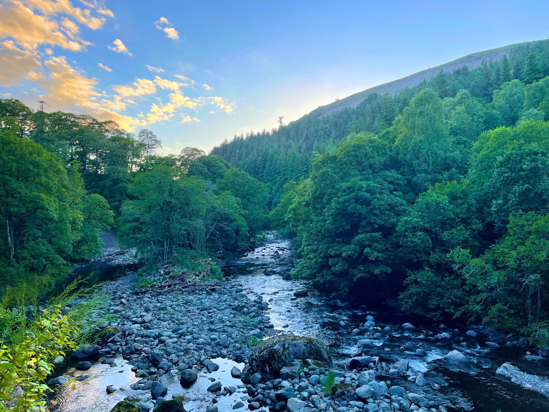A vibrant view looking down the rocky River Greta towards Forge Island from the Keswick to Threlkeld railway line. The river is framed by lush, dense green woodland, with the steep slopes of Latrigg mountain rising against a colourful, partly cloudy sky.