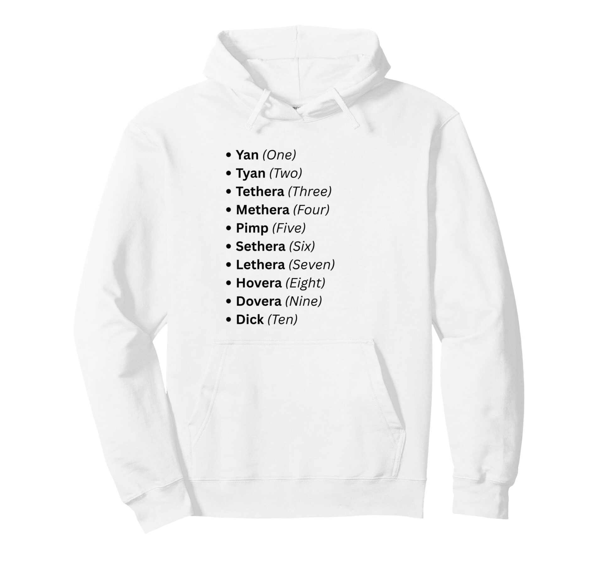 White Lake District heritage hoodie displaying the traditional Yan Tyan Tethera Cumbrian sheep counting dialect from one to ten.