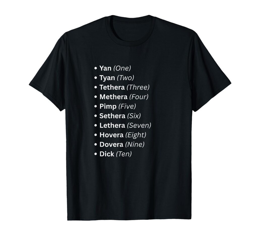Black Lake District heritage t-shirt displaying the traditional Yan Tyan Tethera Cumbrian sheep counting dialect from one to ten.