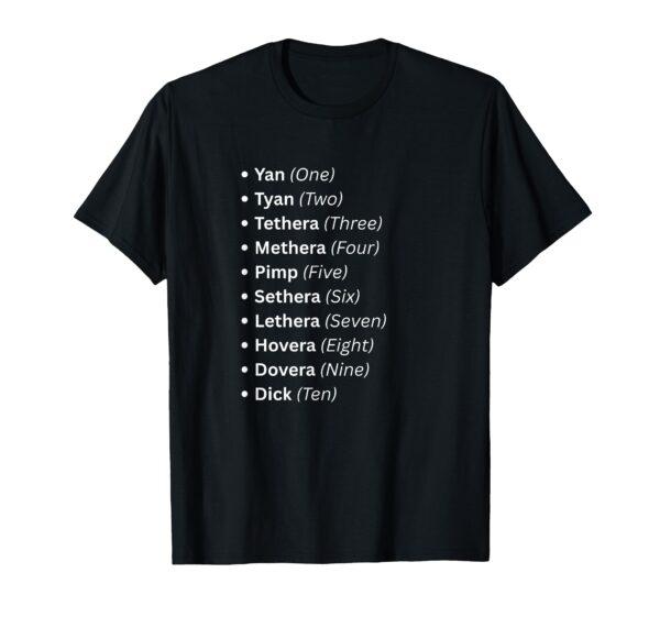 Black Lake District heritage t-shirt displaying the traditional Yan Tyan Tethera Cumbrian sheep counting dialect from one to ten.