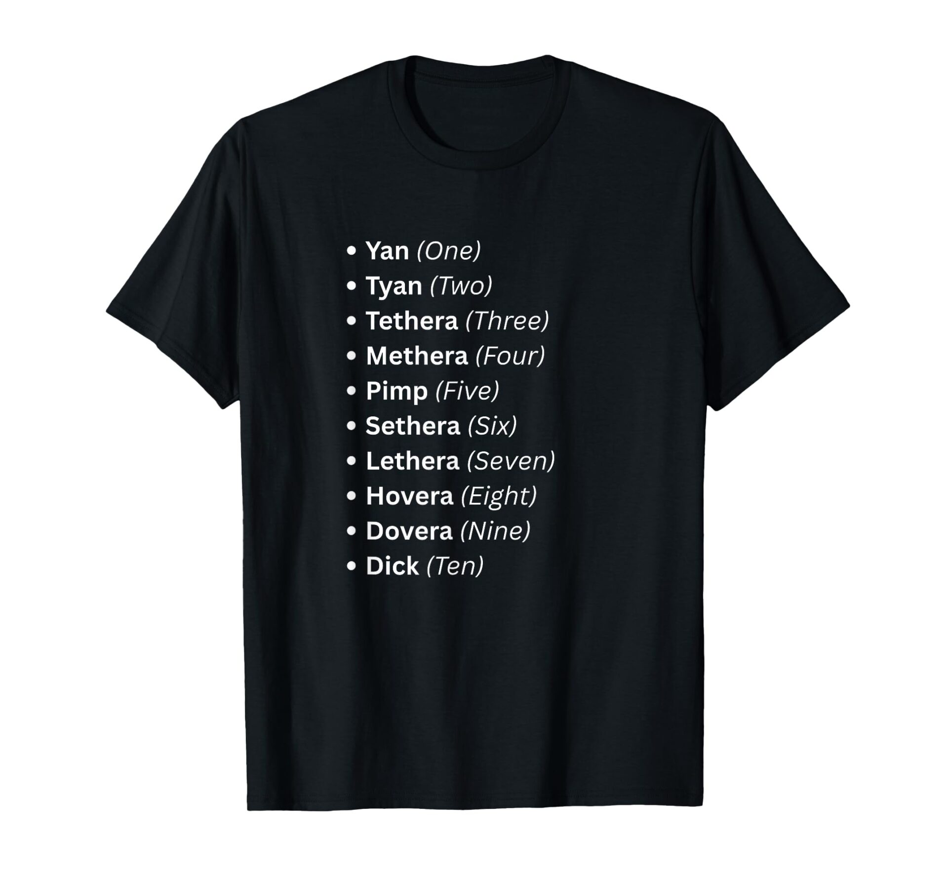 Black Lake District heritage t-shirt displaying the traditional Yan Tyan Tethera Cumbrian sheep counting dialect from one to ten.