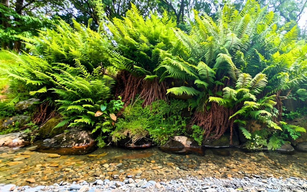 Lush green ferns and moss-covered riverbanks lining the shallow, clear waters of Coledale Beck, viewed from the slate pebble shingle island at Braithwaite Dam near Keswick.