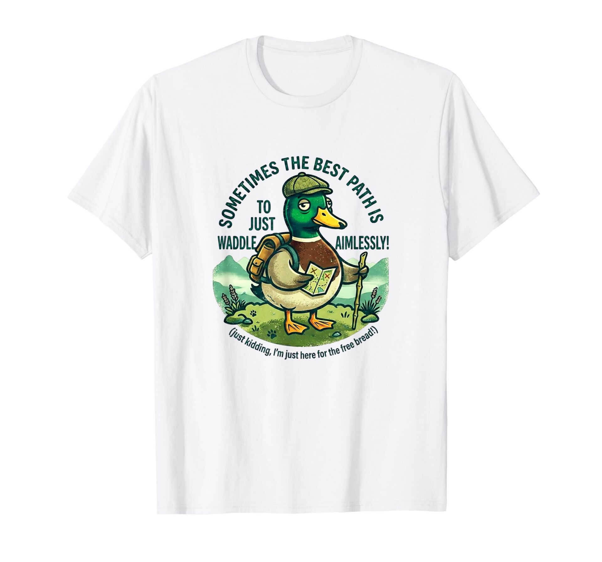 A black t-shirt mockup with a cartoon graphic of a mallard duck wearing a beanie and hiking backpack, with curved text that reads "WADDLE AIMLESSLY AROUND THE LAKE DISTRICT."