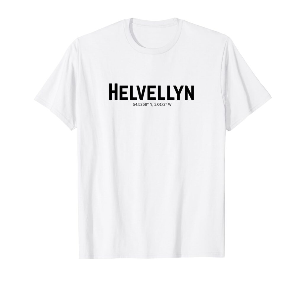White minimalist Lake District Helvellyn coordinates t-shirt featuring clean, bold Helvellyn text and the exact summit coordinates for modern Cumbrian hikers.