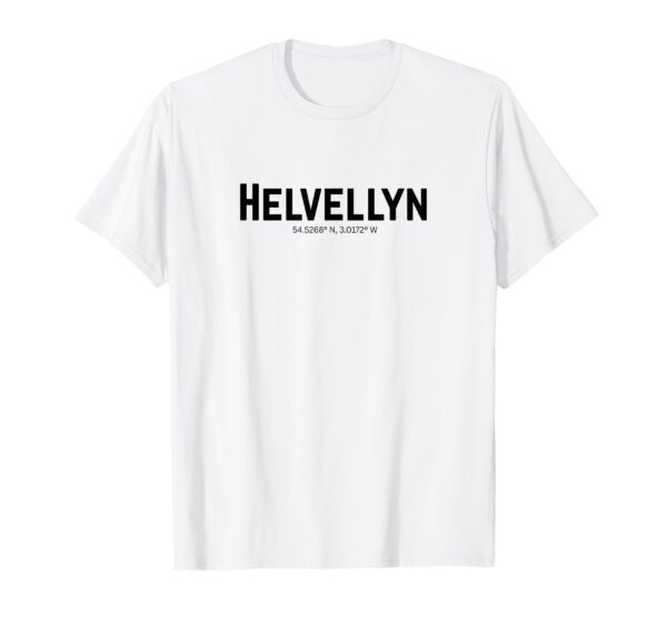 White minimalist Lake District Helvellyn coordinates t-shirt featuring clean, bold Helvellyn text and the exact summit coordinates for modern Cumbrian hikers.