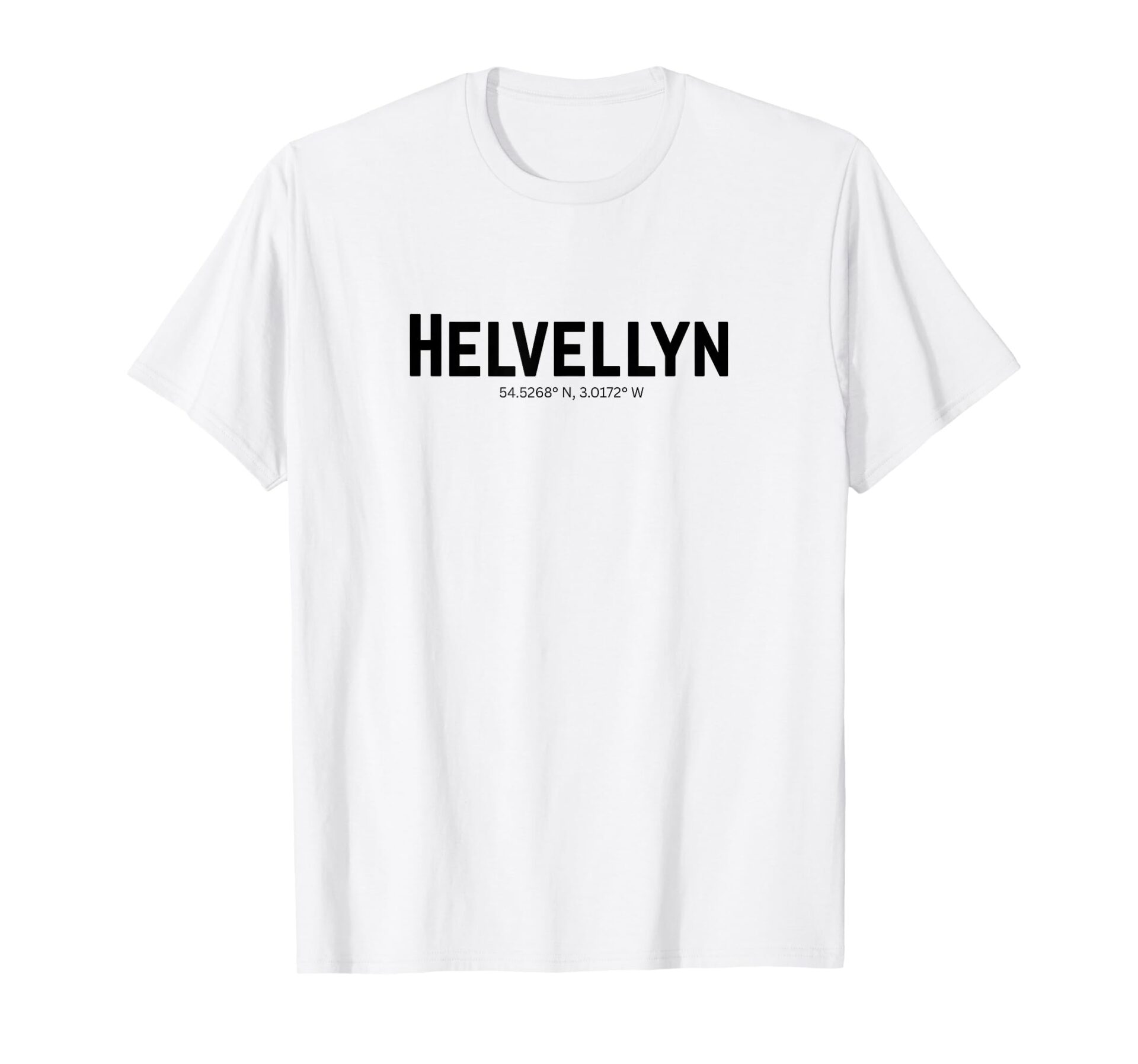 White minimalist Lake District Helvellyn coordinates t-shirt featuring clean, bold Helvellyn text and the exact summit coordinates for modern Cumbrian hikers.