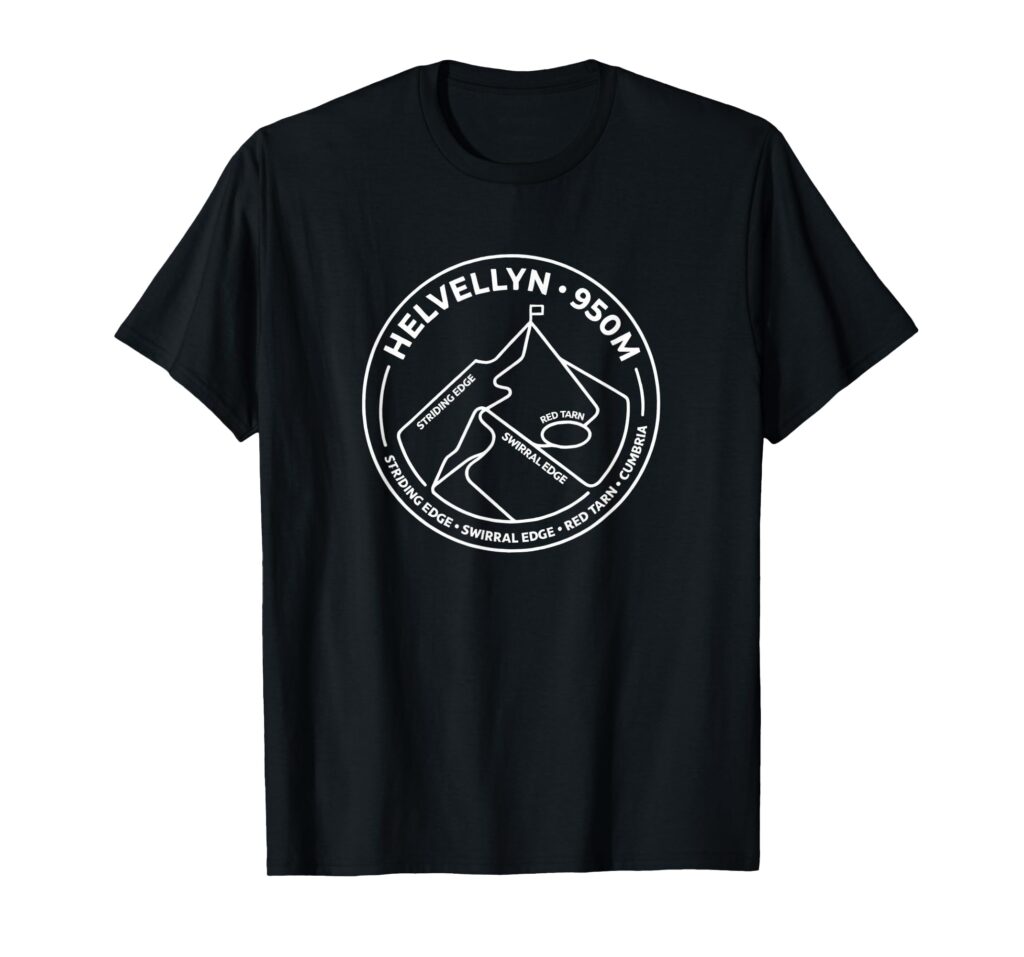Black Helvellyn Summit & Edges t-shirt featuring a circular badge graphic of Striding Edge, Swirral Edge, and Red Tarn at 950m.
