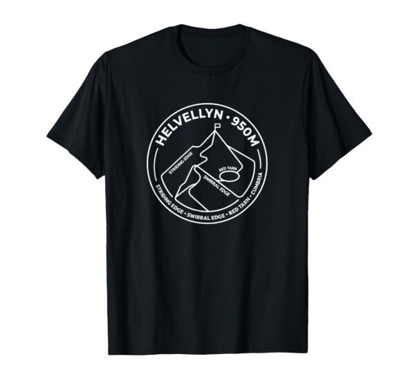 Black Helvellyn Summit & Edges t-shirt featuring a circular badge graphic of Striding Edge, Swirral Edge, and Red Tarn at 950m.