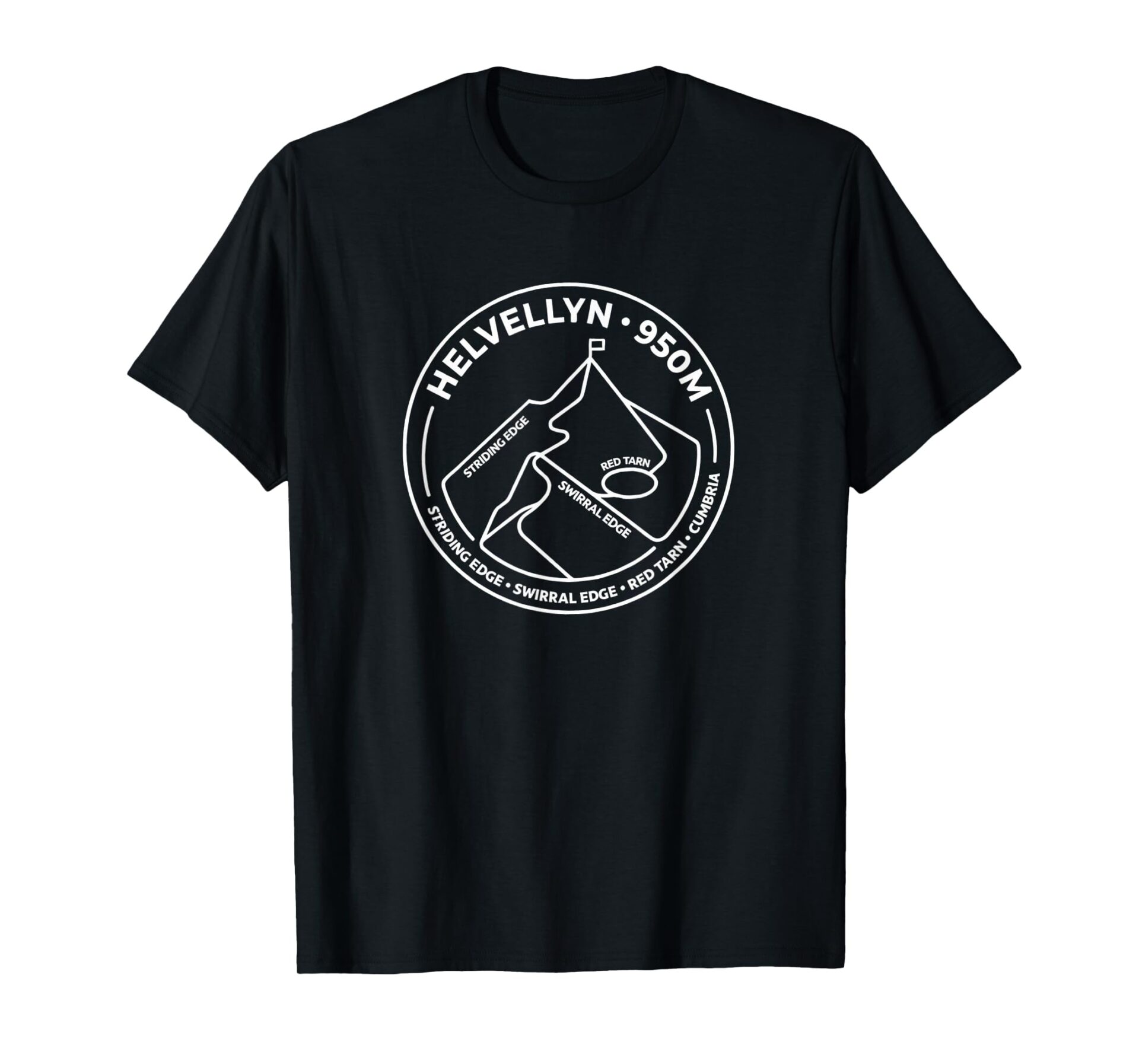 Black Helvellyn Summit & Edges t-shirt featuring a circular badge graphic of Striding Edge, Swirral Edge, and Red Tarn at 950m.