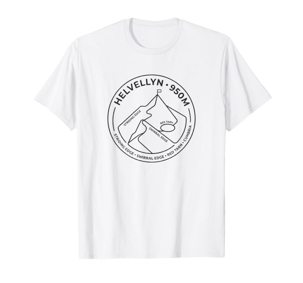 White Helvellyn summit and edges t-shirt displaying a circular black line-art badge of Striding Edge and Red Tarn.