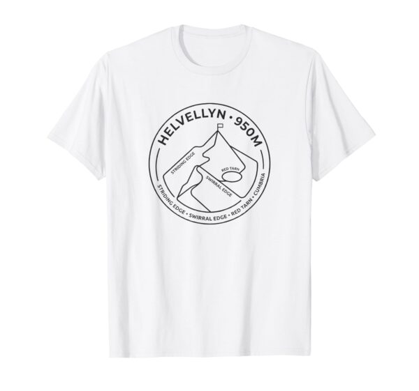 White Helvellyn summit and edges t-shirt displaying a circular black line-art badge of Striding Edge and Red Tarn.