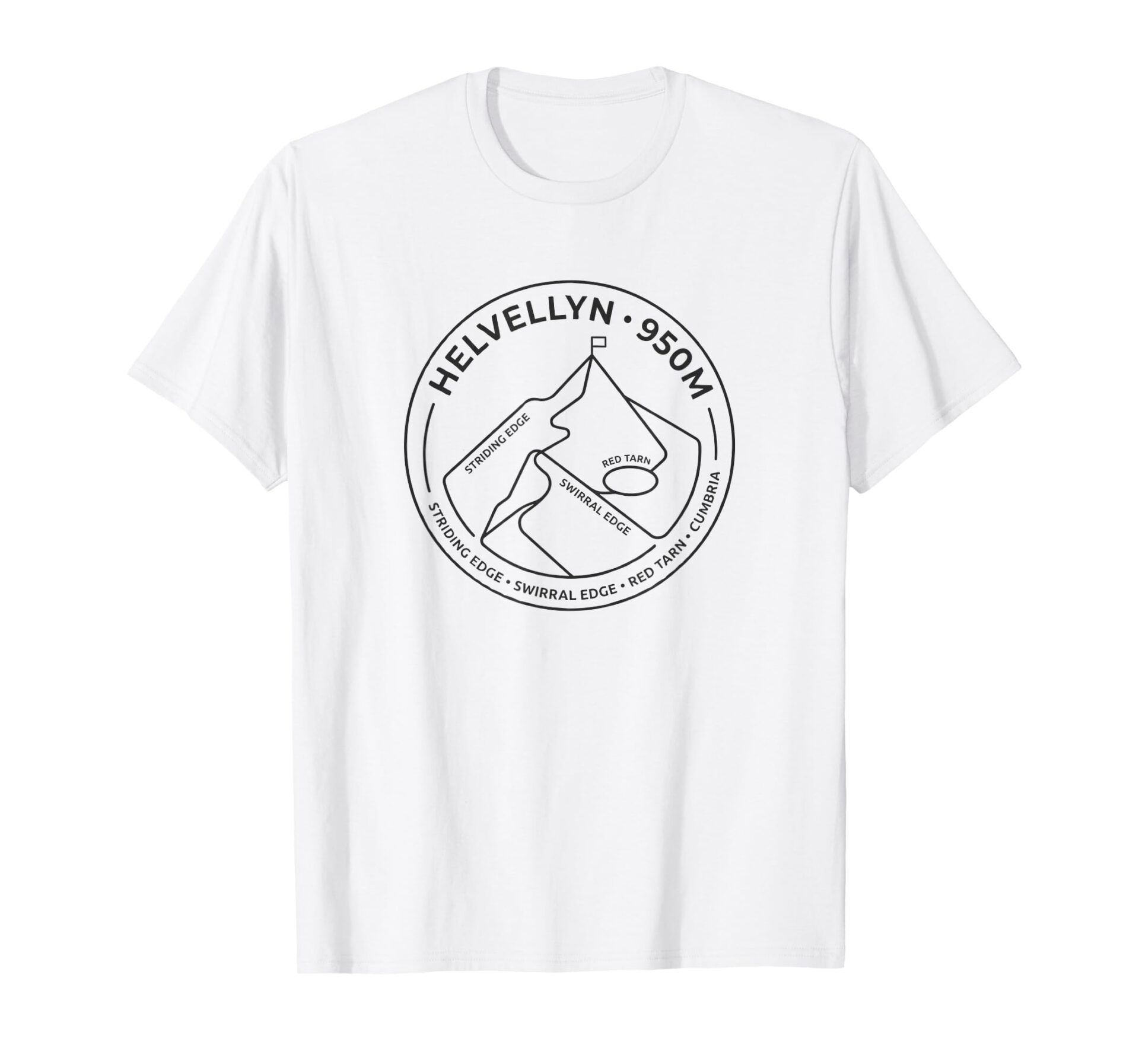White Helvellyn summit and edges t-shirt displaying a circular black line-art badge of Striding Edge and Red Tarn.