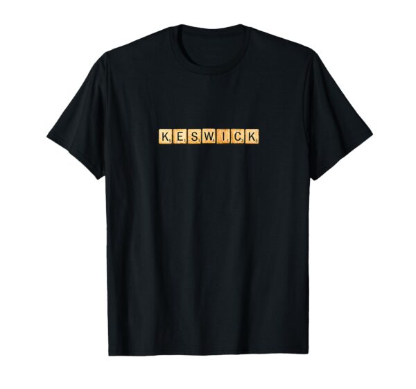 Black Keswick t-shirt featuring the town name spelled out in vintage wooden letter tiles.