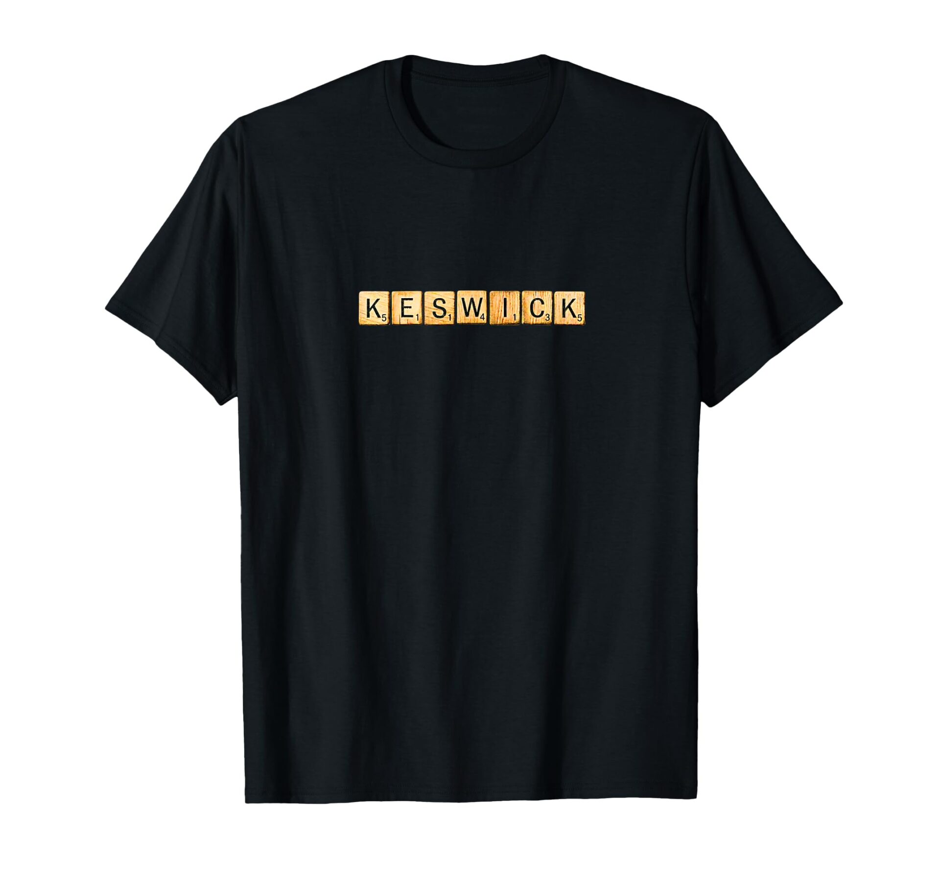 Black Keswick t-shirt featuring the town name spelled out in vintage wooden letter tiles.
