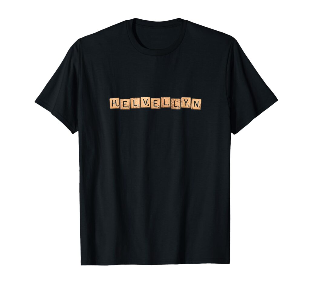 Black Lake District t-shirt featuring the mountain name Helvellyn spelled out in wooden scrabble inspired tiles for classic outdoor style.