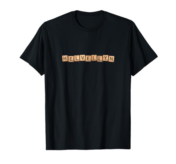 Black Lake District t-shirt featuring the mountain name Helvellyn spelled out in wooden scrabble inspired tiles for classic outdoor style.
