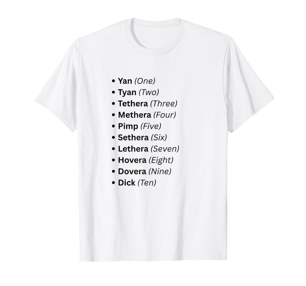 White graphic t-shirt featuring traditional Cumbrian sheep counting dialect numerals from Yan to Dick.
