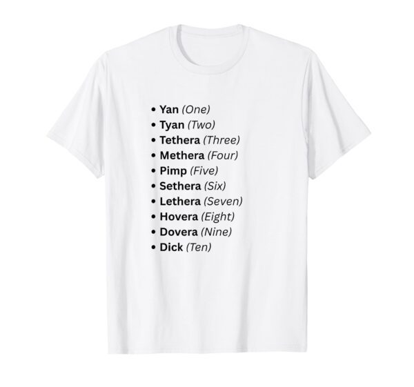 White graphic t-shirt featuring traditional Cumbrian sheep counting dialect numerals from Yan to Dick.