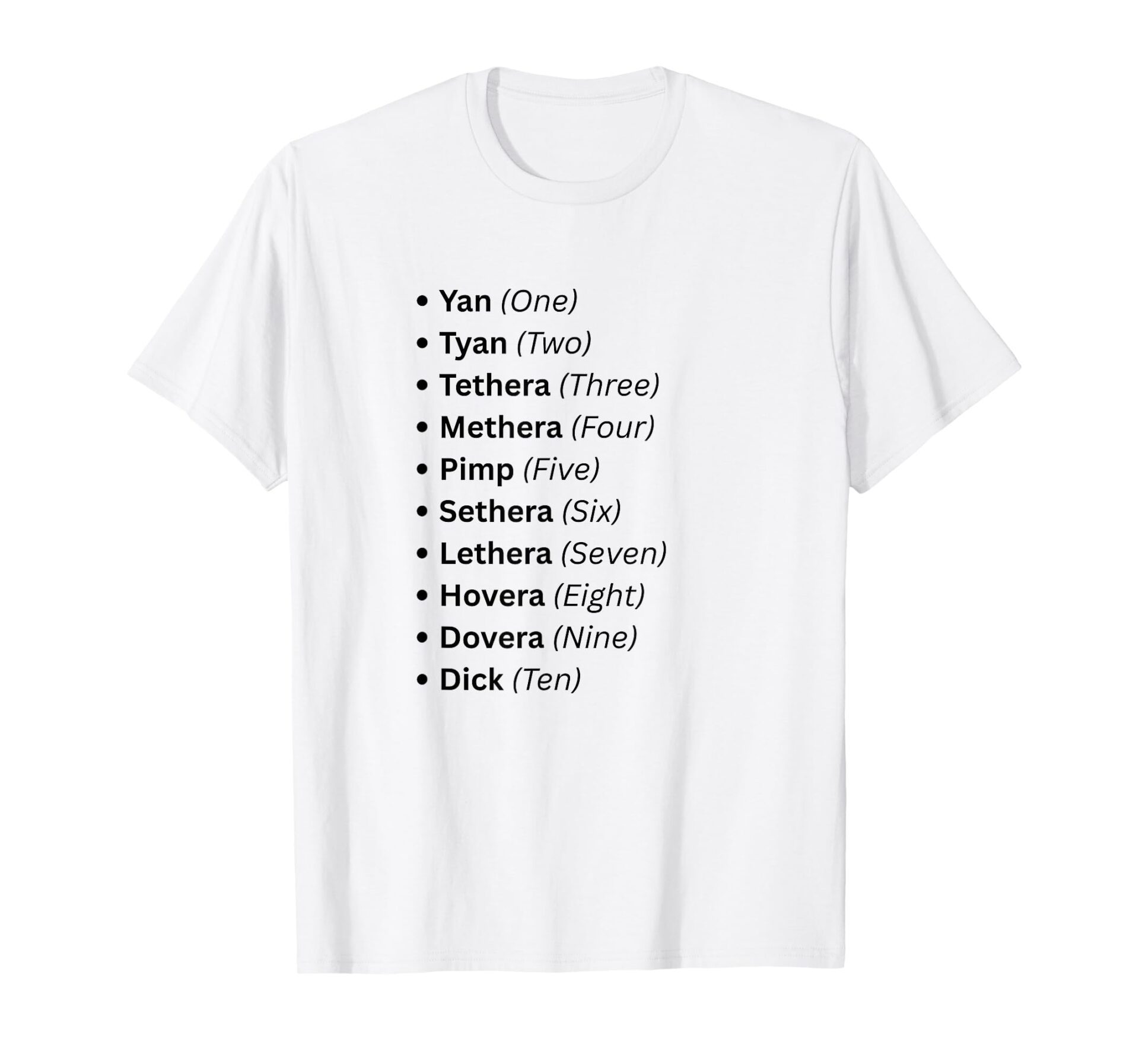 White graphic t-shirt featuring traditional Cumbrian sheep counting dialect numerals from Yan to Dick.