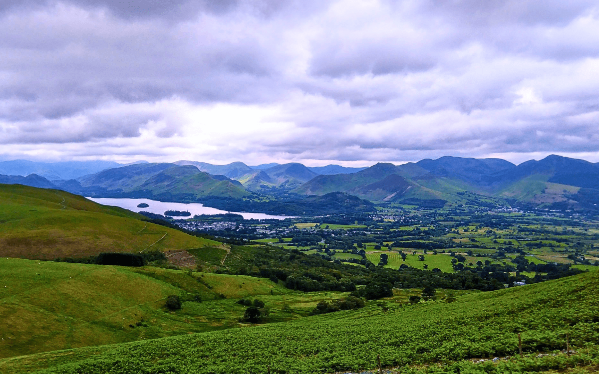 Scenic view looking back toward Derwent Water, Keswick, and the surrounding Lake District fells from the lower walking path, Skiddaw walking route near Keswick