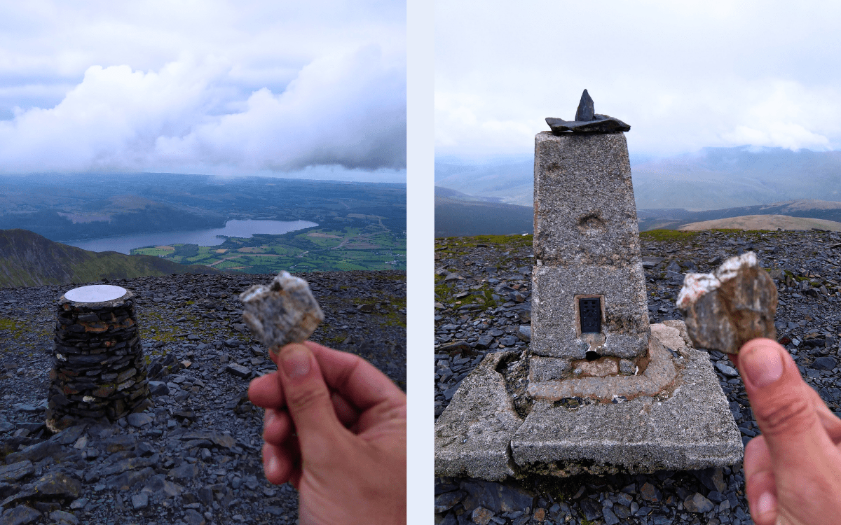 Summit views from the Skiddaw walking route near Keswick. Ordnance Survey trig pillar and viewpoint indicator cairn at the summit of Skiddaw High Man, Lake District