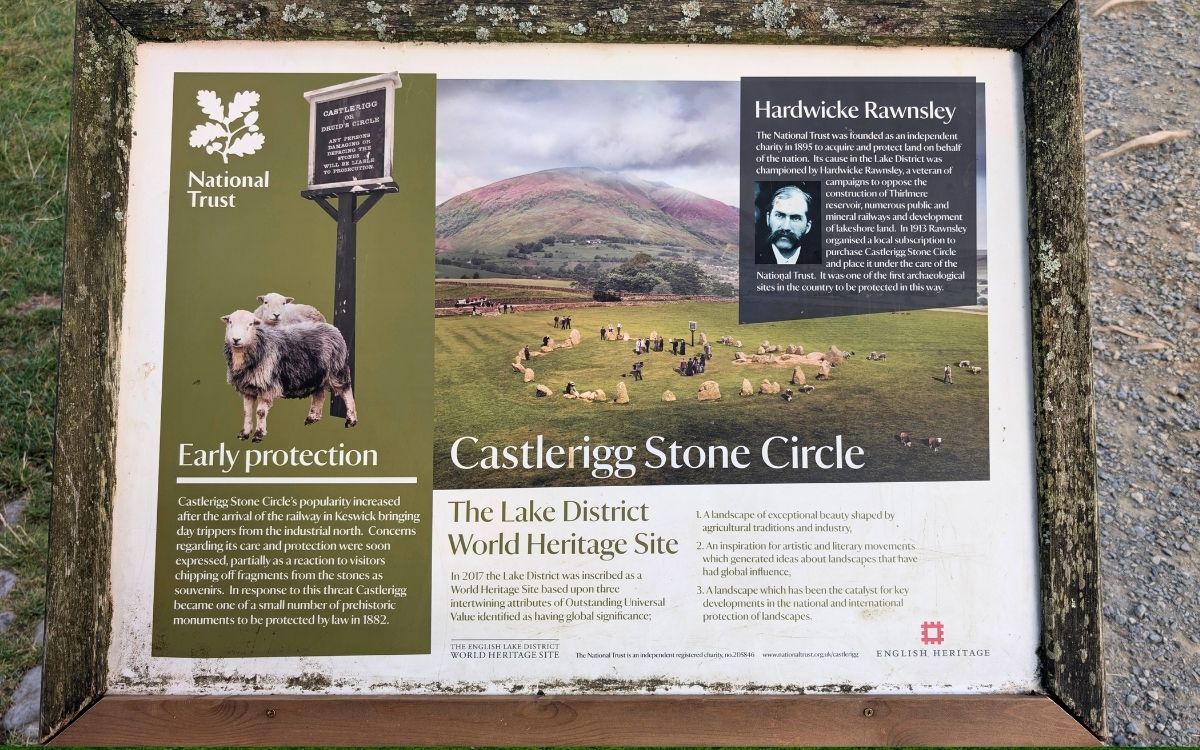 Historic information board explaining Hardwicke Rawnsley's campaign to purchase and protect Castlerigg Stone Circle under the National Trust in 1913.