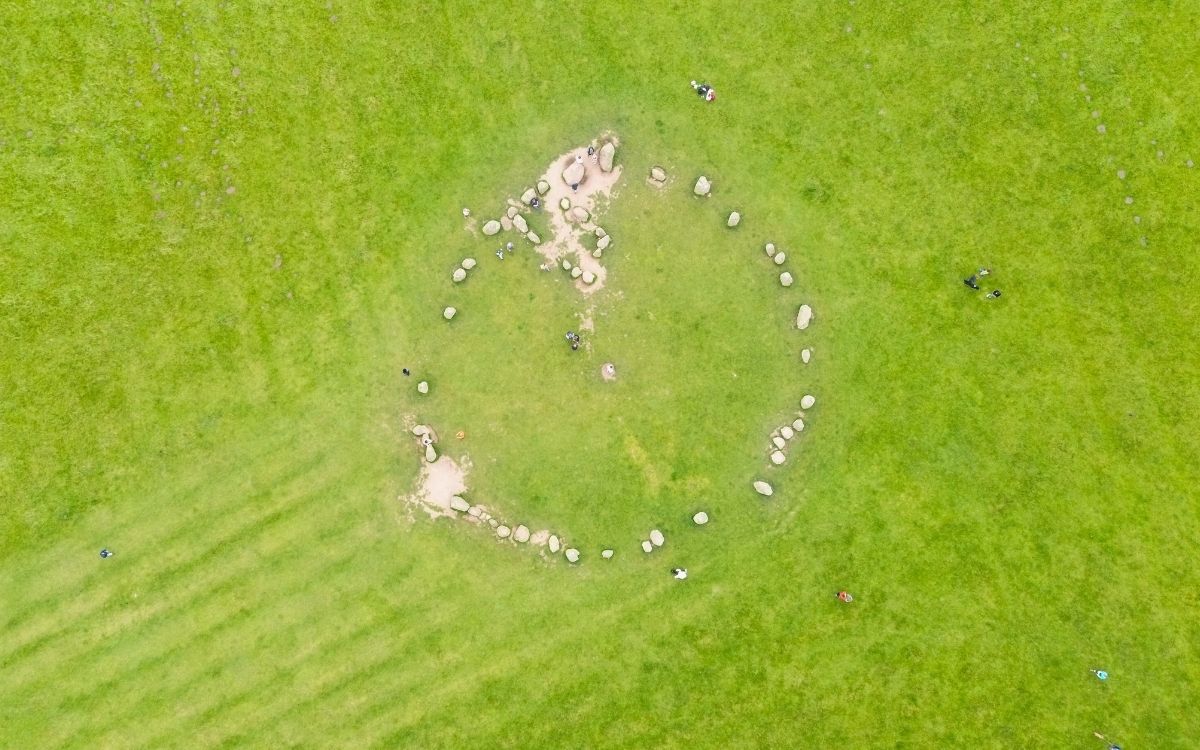 Birds-eye aerial drone view showing the complete circular formation of standing megaliths at Castlerigg Stone Circle in a vibrant green Lake District field.