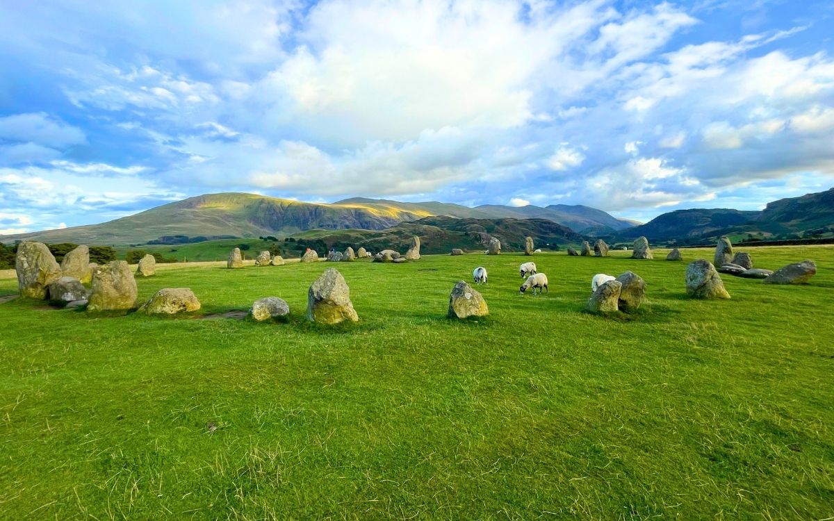 Local sheep grazing on lush green grass inside Castlerigg Stone Circle with sunlit mountain fells and dramatic blue skies behind.