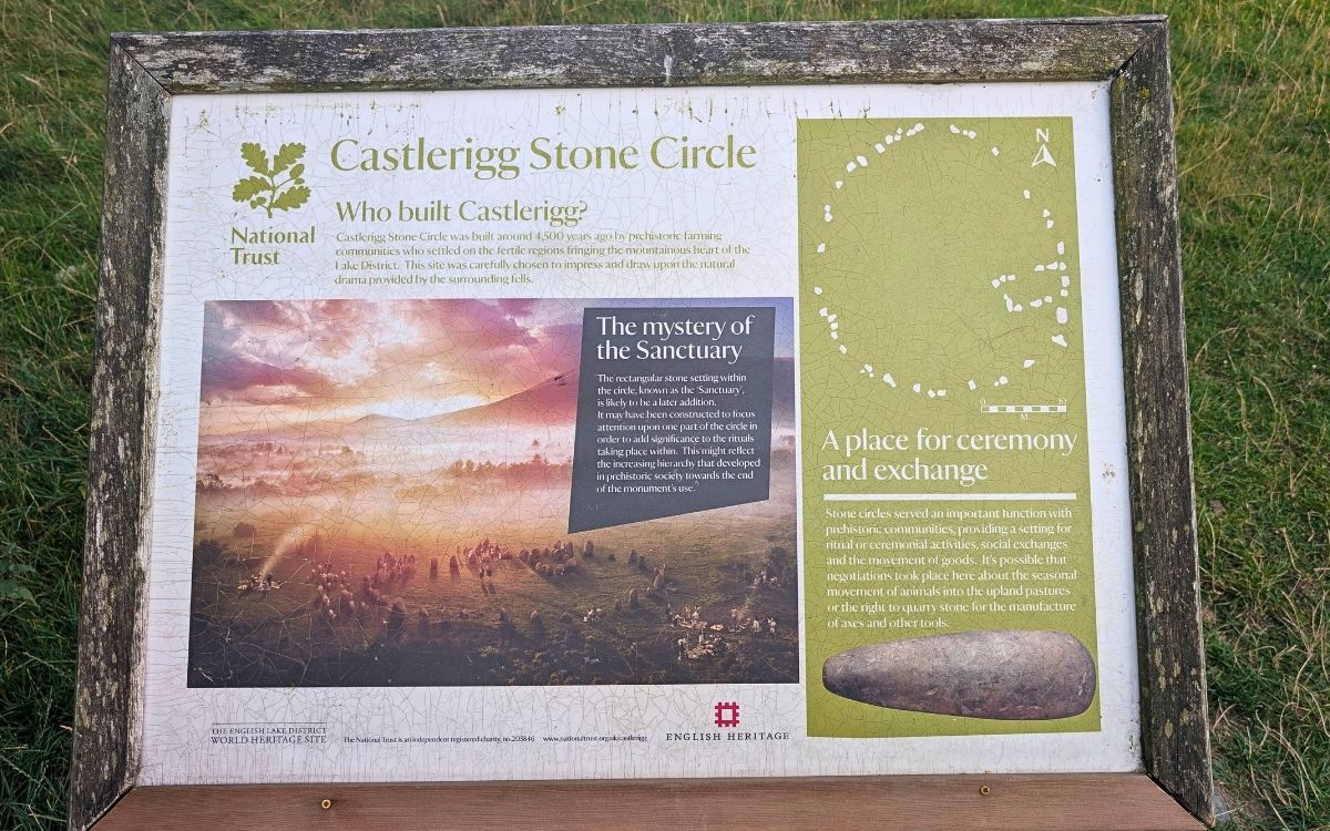 Weathered National Trust and English Heritage information plaque detailing the Neolithic history, construction, and ritual sanctuary of Castlerigg Stone Circle.