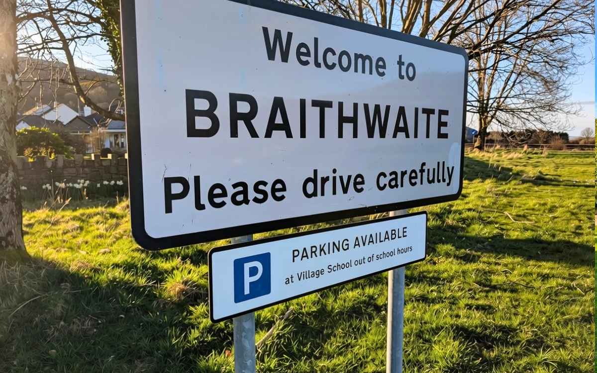 Black and white Welcome to Braithwaite roadside sign with parking advice on a sunny day in the Lake District near Keswick.